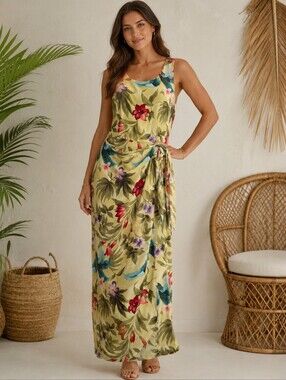 August Hale 100% Silk Tropical Floral Maxi Dress Size 10